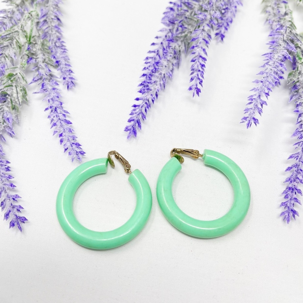 Vintage 80s Mint Green Plastic Clip On Hoop Earrings